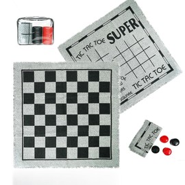 3-in-1 Vintage Giant Checkers and Tic Tac Toe Board Draughts Reversible Rug Game, Big Checker Floor Game Mat, Family Board Game, Lawn Game, BBQ Party Favor, Indoor and Outdoor