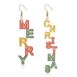 Christmas Earrings for Women Dangling Merry Christmas JOY Words Dangle Earrings Hypoallergenic Xmas Holiday Glitter Colorful Metal MERRY CHRISTMAS Earrings Fun Winter Festive Earrings Jewelry Gifts