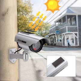 AlfaView Dummy Camera, Solar Panel, Security Camera, Red LED Flashing, Waterproof, Indoor and Outdoor Surveillance Camera (1 Silver)