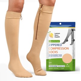 Zipper Compression Socks 15-20mmHg Closed Toe with Zip Guard Skin Protection - Medical Zippered Compression Socks for Men & Women – XL, Beige