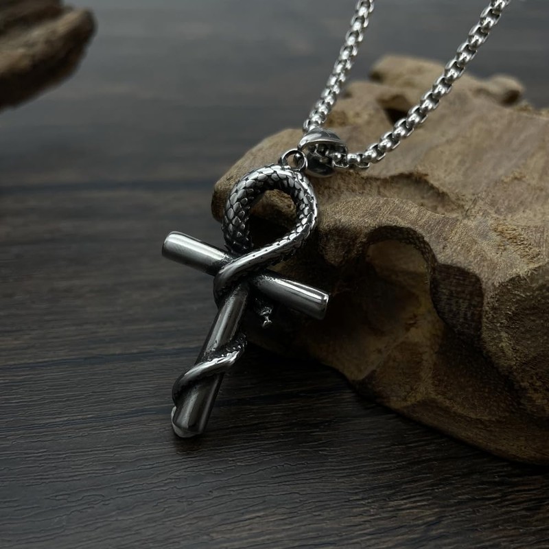 Rockyu Men's Stainless Steel Snake Motif Cross Necklace Silver Chain