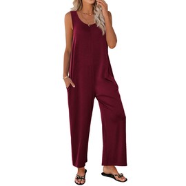 Ekouaer Sleeveless Jumpsuits for Women Casual Summer Scoop Neck Tank Rompers Wide Leg Pants Overall Jumpers with Pockets Wine Red XX-Large
