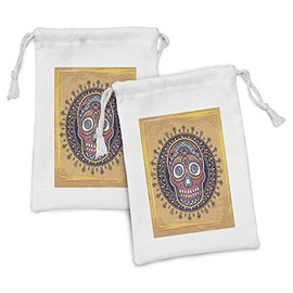 Ambesonne Bones Fabric Pouch Set of 2, Hand Drawn Grunge Style Sugar Skull with Various Motifs and Floral Details, Small Drawstring Bag for Toiletries Masks and Favors, 9" x 6", Sand Brown Multicolor