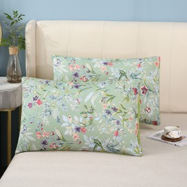 Styho 100% Egyptian Cotton Floral Printed Pillow Cases 2 Pack Standard Size Pillow Cover for Hair and Skin(Grass green,50 x 75cm)