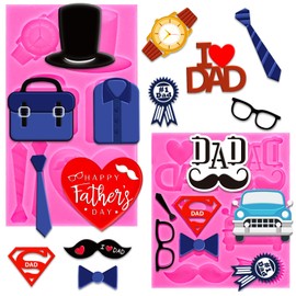 Whaline 2Pcs Father's Day Fondant Molds I Love DAD 3D Silicone Moulds Watch T-shirt Mustache Tie Pattern Resin Molds Cupcake Cookie Baking Decorating Moulds for Happy Father's Day Party DIY Candy