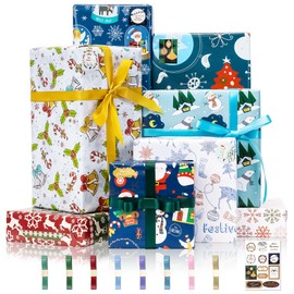 Larcenciel Christmas Wrapping Paper with Ribbon Stickers, 8 Sheet Xmas Gift Wrapping Paper Set, Cute Santa Deer Angel Pattern, Glossy Gift Wrap for Hanukkah New Year Holiday Birthday Party,27.6x19.7in