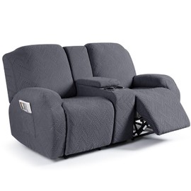 Ruaozz Stretch Loveseat Recliner Covers with Console 4-Pieces Recliner Sofa Covers with Pockets Jacquard Reclining Couch Covers Furniture Protector with Elastic Straps Bottom (2 Seater, Dark Gray)