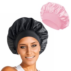 Satin Hat Sleep Silk Round Fabric Protect Hair Comfort Hair Night Anti-frizz Sleeping Hat Four Seasons Breathability Sleep Cap:_Black+Pink