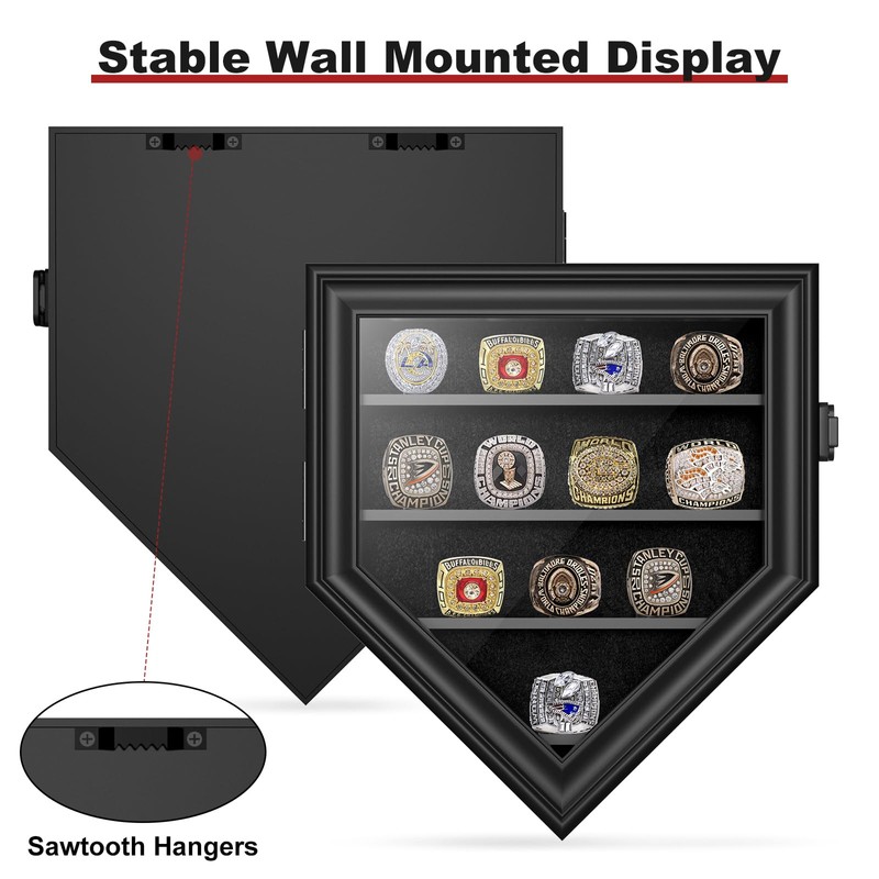 Championship Ring Display Case, 12 Posts Baseball Ring Holder, Lockable