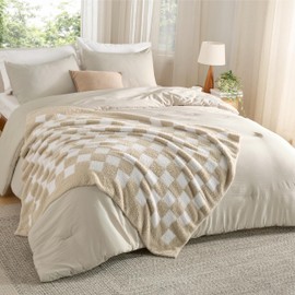 Bedsure Full Comforter Set with Checkered Throw Blanket for Couch - 4 Pieces, 1 Beige Comforter Full Size, 2 Pillow Shams, 1 Checkered Blanket, Super Soft, Lightweight & Fluffy for Bed & Sofa