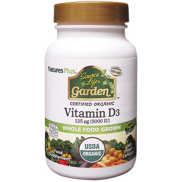 NaturesPlus Source of Life Garden Certified Organic Vitamin D3 - Cholecalciferol 5000 iu, 60 Vegan Capsules - Whole Food Plant-Based Supplement - Vegetarian, Gluten-Free - 30 Servings