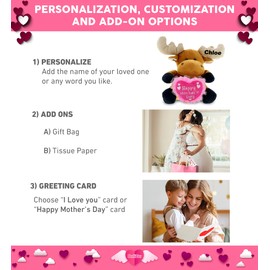 DolliBu Happy Mother's Day Super Soft Plush Sitting Moose Figure - Cute Stuffed Animal with Pink Heart Message for Best Mommy, Grandma, Wife, Daughter - 6" Inches