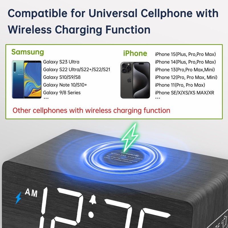 DreamSky Wooden Digital Alarm Clock with Wireless Charging for Bedroom,