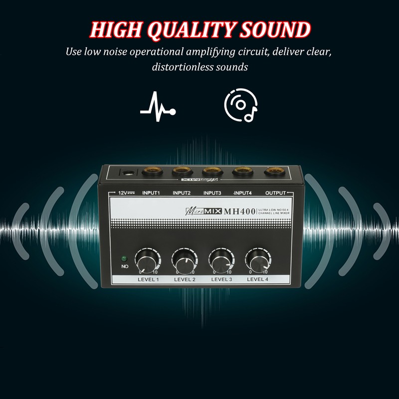 MH400 Ultra Low-Noise 4-Channel Line Mixer Mini Audio Mixer with