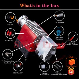 Super Print V6 Volcano Hotend 12V Kit, Remote Bowen Print J-head Hotend, Titanium Alloy HeatBreak, Cooling Fan Bracket, for V6 Volcano Hotend, Titanium, Dual Driver Extruder. (12V Hardened Steel