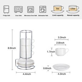 CHILDIKE 2.5oz Espresso Cups Set of 4, Small Stackable Coffee Cups with Saucers and Metal Stand, Ceramic Demitasse Cups, Cappuccino Cups for Coffee Drinks, Latte, White