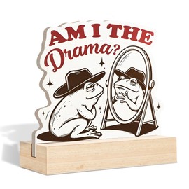 DEQSX Am I the Drama Frog in Mirror Funny Wooden Desk Sign Decor, Cute Quirky Self-Aware Meme Frog with Hat-Wearing Shaped Wooden Sign Plaque with Stand for Home Office Desk Table Shelf Decor