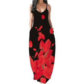 Chaos World Women's Maxi Dress V-Neck Strappy 3D Print Loose Summer Casual Dress(XL,Red Leaf)