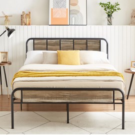 VECELO Full Size Bed Frame Metal Platform with Wood Headboard & Footboard, Heavy Duty Steel Slats Support/Easy Assemble
