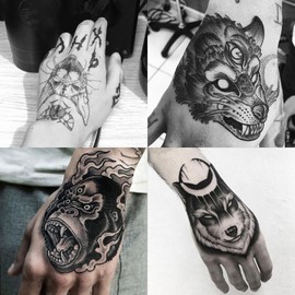 Oottati 4 Sheets Waterproof Hand Back Temporary Tattoos Stickers Black Wolf Cat Gorilla Hound