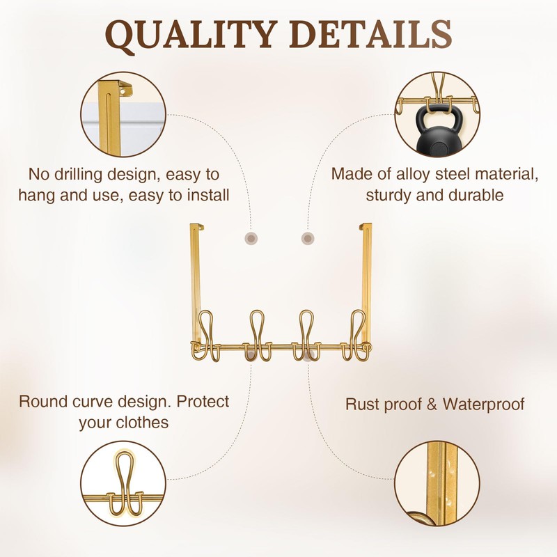 FantasHome Double Prong Over The Door Hook Rack with 12