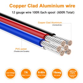 VIABRICO 12 Gauge Wire 600FT, 12 AWG Auto Wire 100ft Each Spool, 6 Colors Copper Clad Aluminium Low Voltage Electrical 12 Gauge, Hookup Kit for Breadboard/Automotive/DIY/Battery