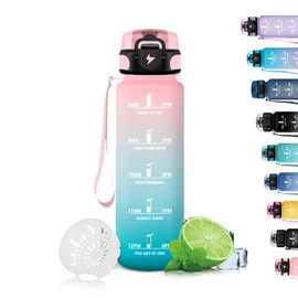 Grsta Children's Water Bottle, Leak-Proof with Filter, Water Bottle with Time Marking, Can Be Carried, Sports Bottle 500 ml, for School, Fitness, Outdoor, Yoga, Pink-Cyan