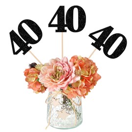 12 PCS Happy 40th Birthday Centerpiece Sticks Double Sided Glitter Number 40 Table Flower Centerpieces Stick Cheers to 40 Floral Decorations for 40th Birthday Anniversary Party Supplies Black