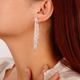 Denifery Tassel Rhinestones Earrings Bridal Chandelier Drop Dangle Earrings Sparkly Crystal Fringe Earrings for Wedding Prom (Silver)