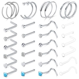 AceFun 20g Nose Stud l Shape and Hoop Nose Rings Stud Nose Rings Hoop C-Shaped Stainless Steel Silver Nose Piercing L-Shaped Tragus Cartilage Hoop Piercing 32pcs