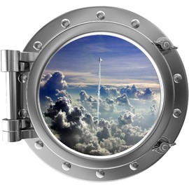 24" PortScape Wall Decal Space Porthole Space Shuttle Takeoff 3D Window Removable Wall Sticker Space Ship in Clouds Outer Space Mission NASA Boys Room Decor