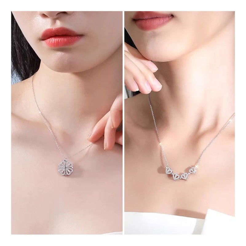 Collar Convertible Plata 925 Corazón Y Trébol De 4 Hojas