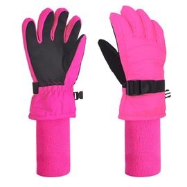 XTACER Boy's Girl's Kid's Ski Snow Gloves Snowboard Winter Warm Cold Weather Gloves for Boys Girls Children (Hot Pink-Long Cuff, 10-12 Years)
