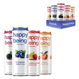 Happy Being Sparkling Nutrient-Rich Sampler Pack White Tea – Infused with Turmeric, Elderberry, Vitamin D3, Caffeine Free, Plant-Based, Low Calorie & Low Sugar Drinks, 12oz (16 Pack)