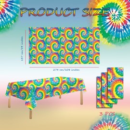 OQOQ Tie Dye Rainbow Table Cloth(Swirl,3 Packs), 137x274cm Tie Dye Party Decorations Tablecloth Disposable Plastic Table Cover for Birthday Pride 50s 60s Groovy Party Supplies