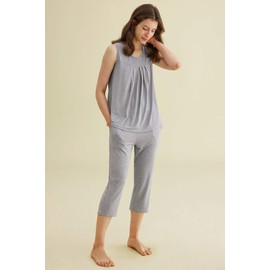 Latuza Women's Summer Pleated Tank Top Capris Pajamas Set M LightGray