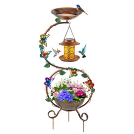 YYWMWM Metal Birdbath with Flower Planter Pedestal and Solar Bird Feeders Combo for Outdoor, Decorative Bird Bath with Butterfly for Garden Yard Outside