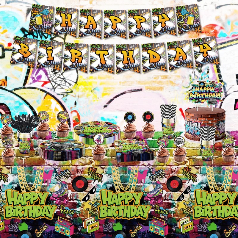 FVABO Graffiti Brick Wall Birthday Party Supplies for Retro 80s