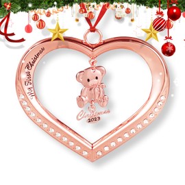 Baby's First Christmas Ornament 2023, Rose Gold Heart with Hanging Teddy Bear Christmas Ornament, Babies Christmas Ornament Engraved My First Christmas 2023, Baby Ornament 2023 with Gift Box