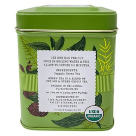 100% Organic Ceylon Green Tea - 50 Packets - Natural Antioxidant Rich Herbal Leaf Teabags - USDA Certified and Non-GMO - Caffeinated Premium Gift Tin