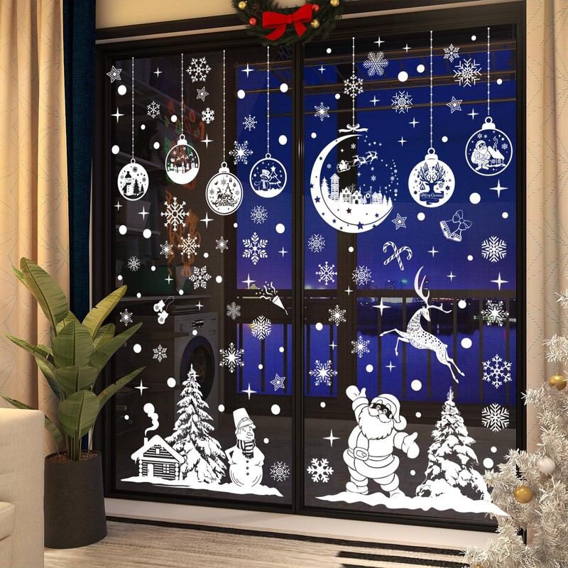 Fassory White Christmas Window Stickers 9 Sheets 260 Pcs, Reusable