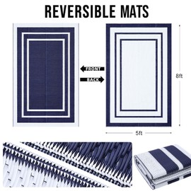 OLANLY Outdoor Rug 5x8 ft Waterproof, Reversible Plastic Straw Rug, RV Mat, Indoor Outdoor Carpet Clearance for Patio, Camping, Balcony, Deck, Backyard, Navy & White