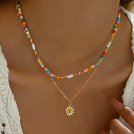 Colorful Beaded Necklaces for Women Gold Pearl Beaded Daisy Necklace Summer Jewelry Gifts Party Outfits Accessories Vacation