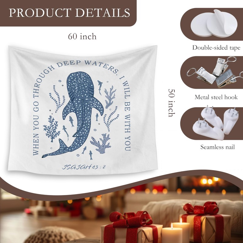 HUGANE Whale Shark Christian Tapestry, Isaiah 43:2 Bible Verse Tapestry