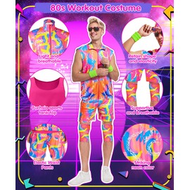 TOLOYE 80s Workout Costume, 80s 90s Workout Outfit with Retro Accessories, 80s Fanny Pack Sunglasses, 80s Retro Tracksuit Fancy Dress, 80s Beach Costume Shell Suits for Men Women (Men, XL)