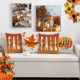 Mimkus Fall Throw Pillow Covers16 x 16 Inch Set of 4 Pumpkin Happy Harvest Maple Leaf Pillowcase Thanksgiving Autumn Seasonal Cushion Case for Couch Home Decor