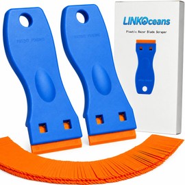 Rascador de cuchillas de afeitar de plástico, paquete de 2, 100 cuchillas, estuche de almacenamiento | Adhesive & sticker remover for glass, car windo