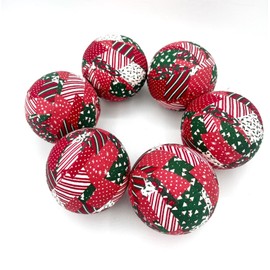 Quilting Christmas Squares red green white fabric wrapped balls- holiday bowl filler decor set of 6- decorative balls