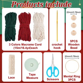 PLIGREAT 3 Set Macrame Christmas Wreath Ornament Kits DIY Macrame Bow Wreath Cord Knotting Kit for Wall Hanging Christmas Tree Decor Car Bag Charm Beginner Handmade Craft Instruction Video Included