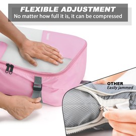 Compression Packing Cubes for Suitcases, COOSKY 6 Set Transparent Clothes Organizer for Travel Essentials, Expandable Storage Bags in Luggage, Carry on Size Travel Accessories for Women/Men, Pink